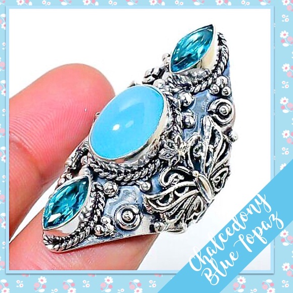 Blue Chalcedony, White Topaz Silver Butterfly Ring Sz 7.5 (Pale Turquoise, Teal) - Picture 2 of 2